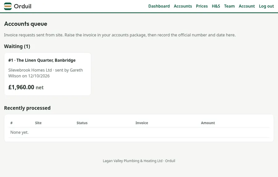 Accounts queue: invoice requests sent from development